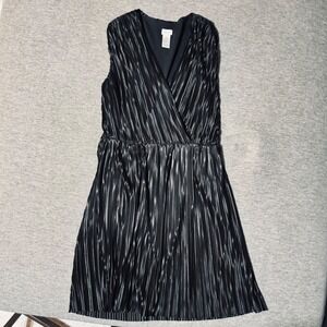 Cache Shiny Black Crinkle Pleated Faux Wrap Cocktail Shift Dress Size M‎ Y2K